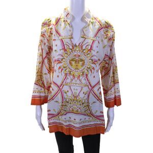 Barbara Gerwit Womens Long Sleeve V Neck Printed Tunic Top White Multi Large
